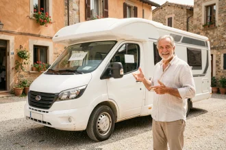 Vendeur italien présentant un camping-car d'occasion à vendre dans un village toscan avec panneau Vendesi