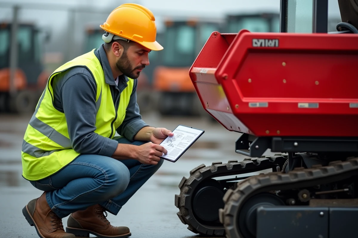 Ouvrier en gilet de sécurité comparant les fiches techniques d'un mini dumper avant un achat en ligne