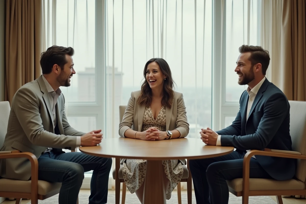 Trois acteurs réunis lors d'un press junket discutant de leur rôle dans les films Spider-Man, ambiance décontractée et professionnelle