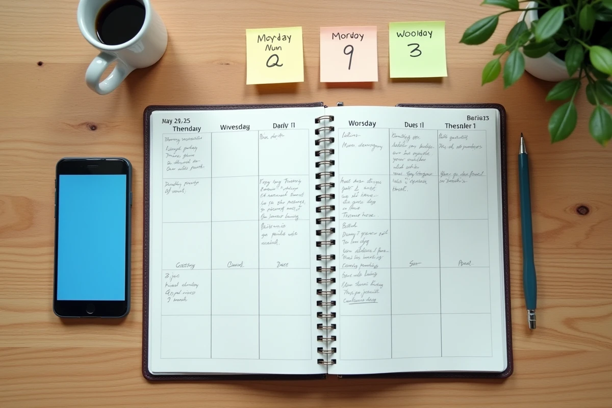 Vue aérienne d'un bureau avec un agenda manuscrit, un smartphone affichant un calendrier et des notes comparant jours travaillés et jours calendaires