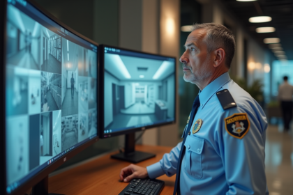 Agent de securite professionnel surveillant des ecrans de controle