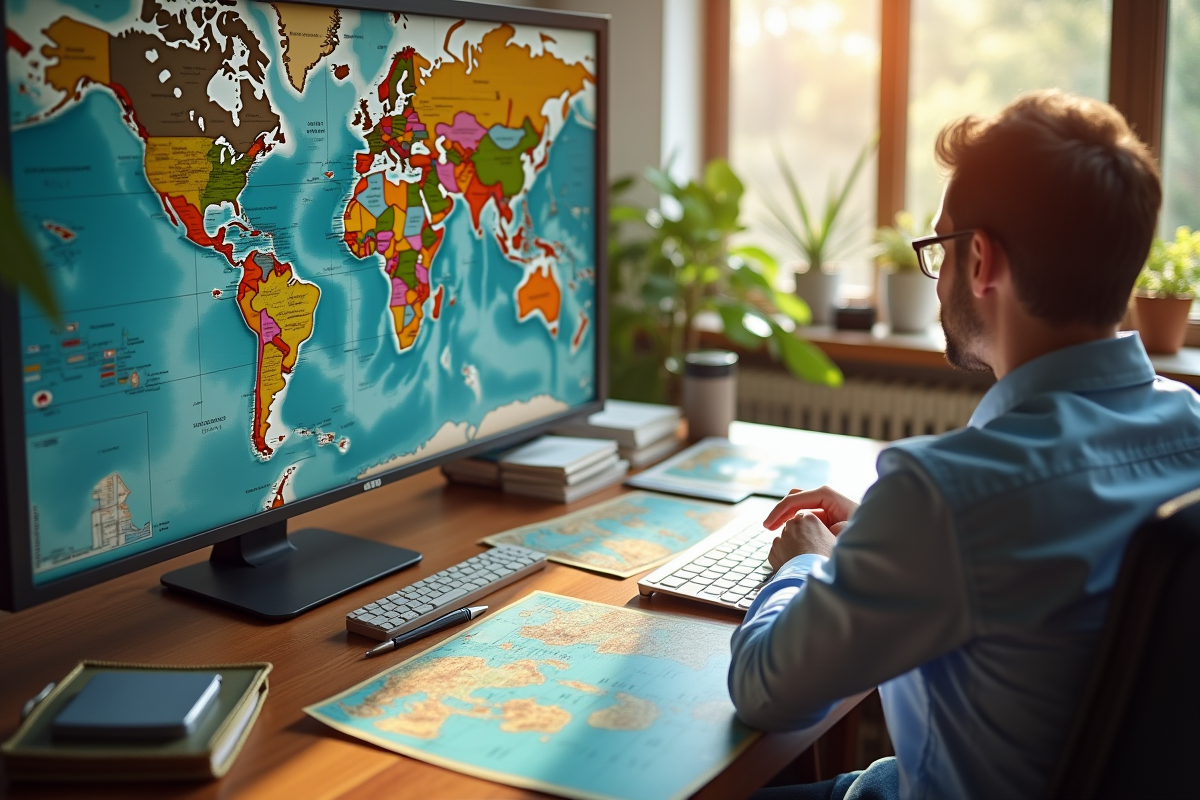 Agent de voyage étudiant cartes du monde dans un bureau