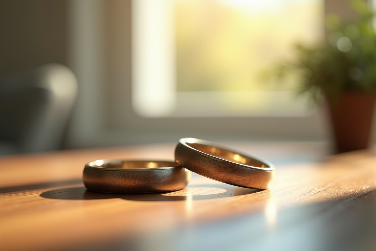 Alliances de mariage posées sur une table en bois
