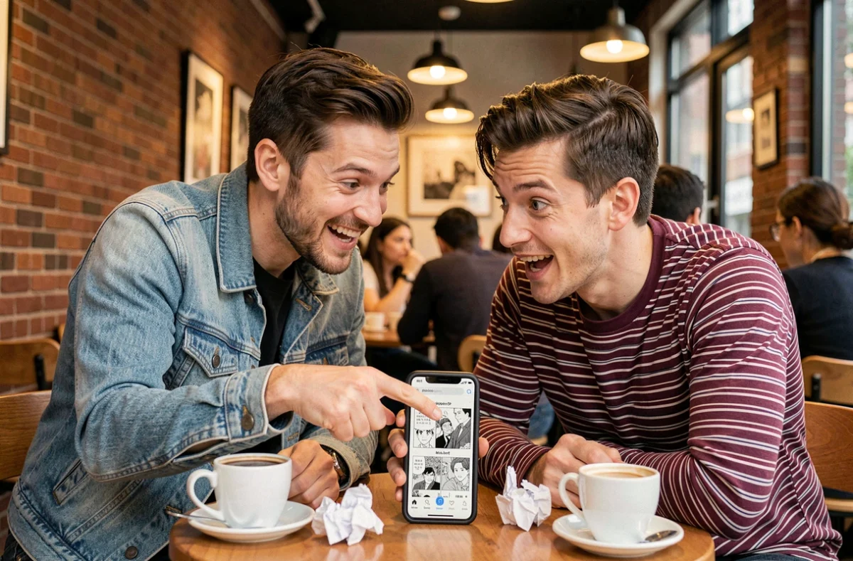 Deux amis découvrant ensemble une application de lecture de scans One Piece VOSTFR sur smartphone dans un café