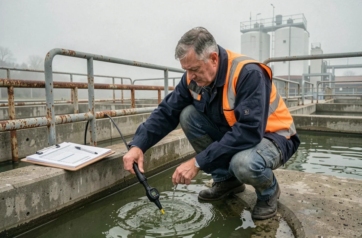Analyste qualité de l'eau mesurant la concentration PPM d'un bassin de traitement industriel en extérieur
