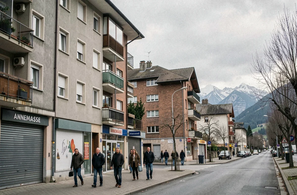 Rue commerçante d'Annemasse en Haute-Savoie avec immeubles des années 70, commerces fermés et passants