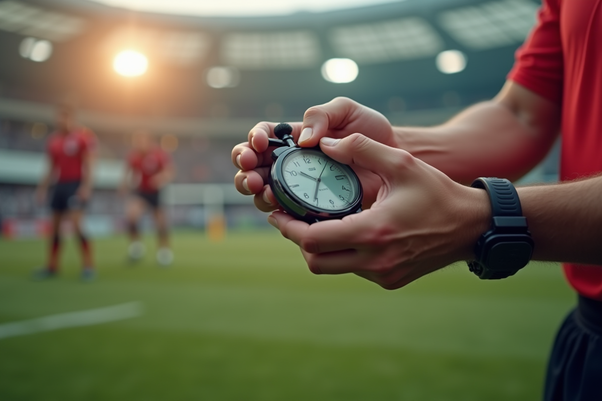 Arbitre tenant un chronomètre et un sifflet en gros plan