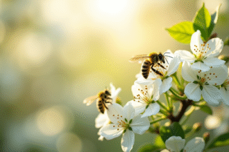 Arbre en fleurs blanches en pleine floraison au matin avec abeilles