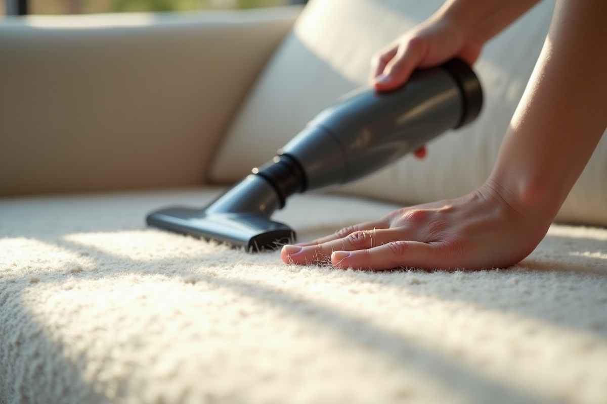 Mains aspirant les poils de chat sur un canapé clair