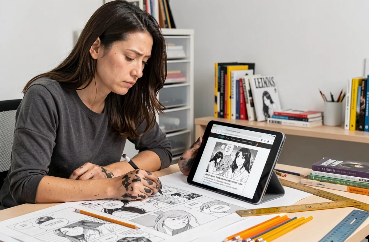 Auteure de manga découvrant ses œuvres piratées sur un site de scans français, assise à sa table à dessin professionnelle