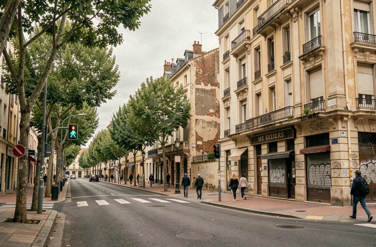 Boulevard de Béziers dans l'Hérault avec façades art nouveau abîmées, café fermé et piétons adultes traversant la rue