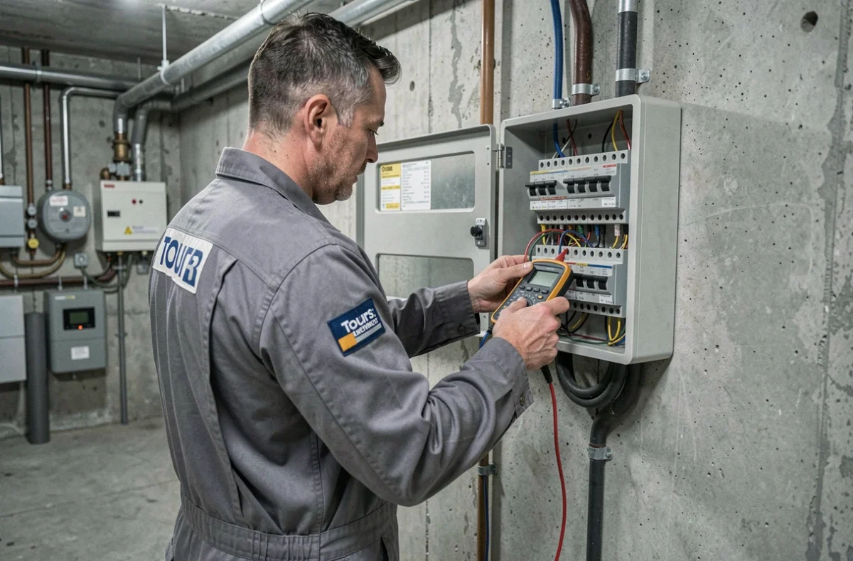 Technicien Blet Électricité câblant un tableau électrique dans une cave d'immeuble à Tours