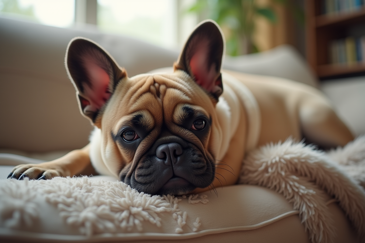 Bouledogue français relaxant sur un canapé intérieur