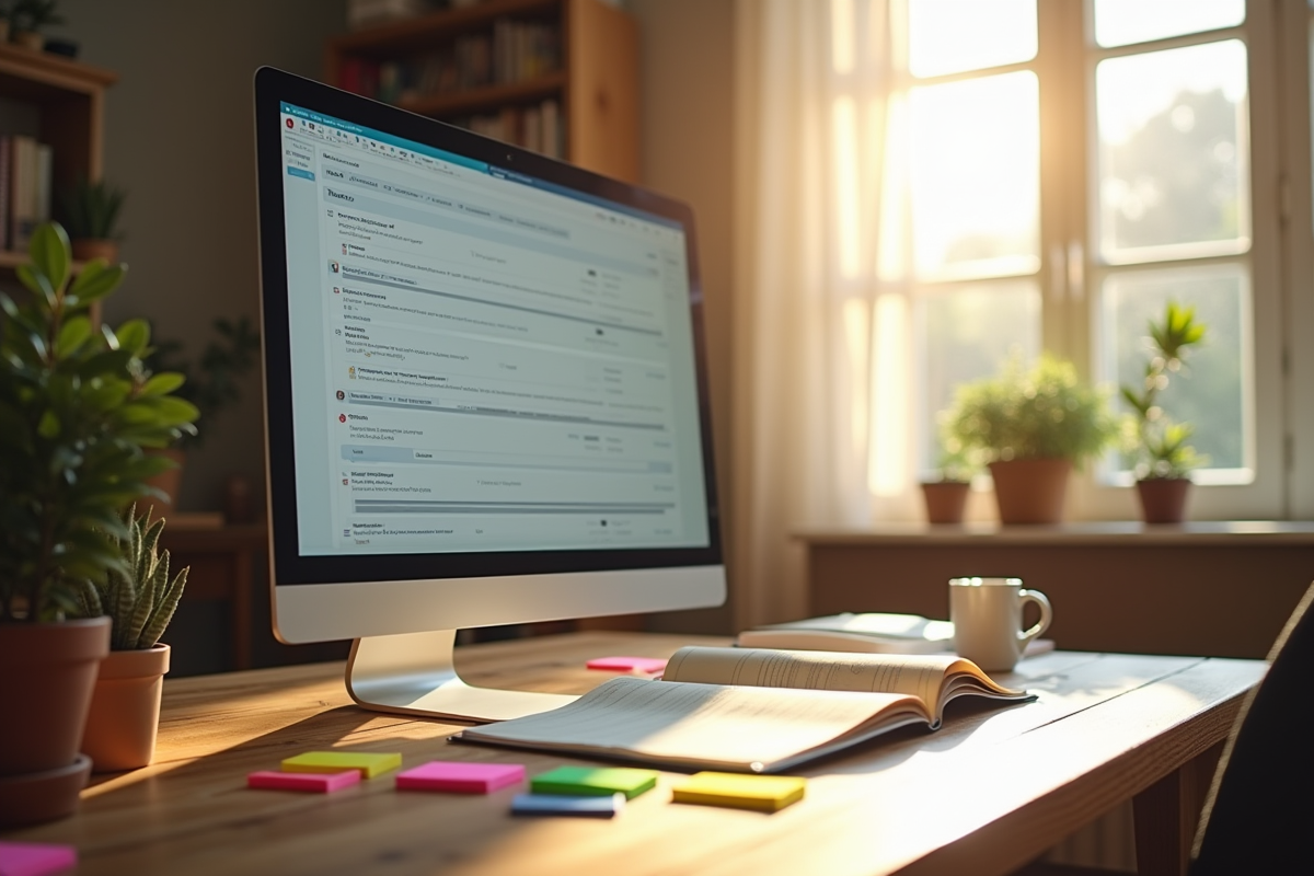 Bureau à domicile avec un écran affichant une boîte mail organisée et des notes colorées