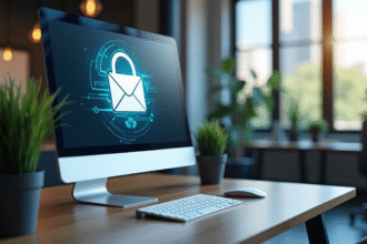 Bureau moderne avec écran affichant connexion email securisee