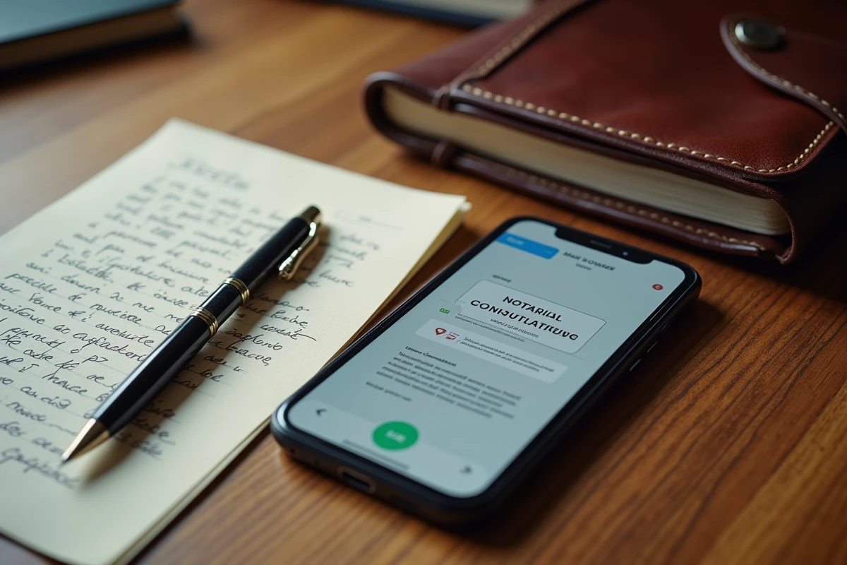 Vue de dessus d'un bureau avec smartphone affichant une consultation notariale en ligne et un carnet de notes juridiques
