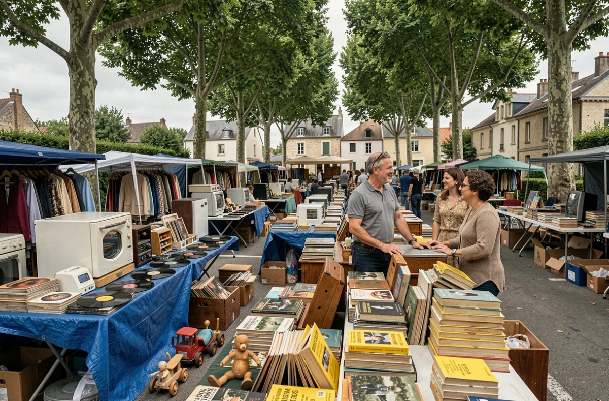 Vue panoramique d'un grand vide grenier en plein air dans une ville de Haute-Saône, avec des dizaines de stands de brocante et une foule de visiteurs