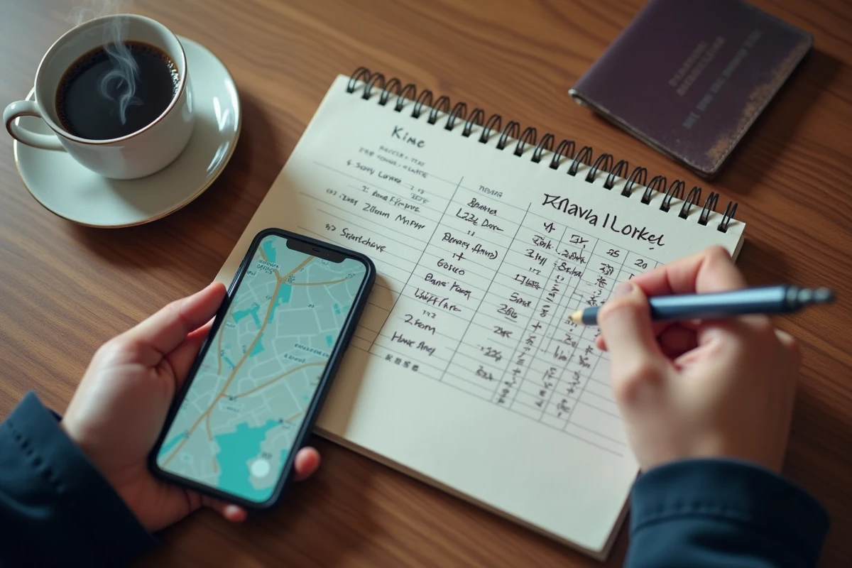 Vue aérienne d'un carnet de conversion milles kilomètres manuscrit posé sur un bureau avec un smartphone affichant une application GPS