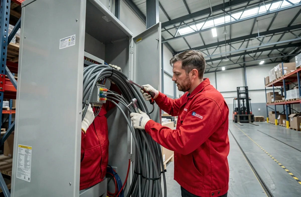 Deux techniciens SAS Caron Électricité câblant une armoire électrique dans un entrepôt commercial à Orléans