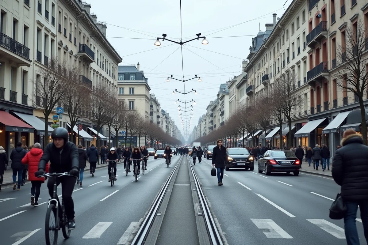Carrefour urbain de Lyon encombré pendant la grève TCL avec tramways à l'arrêt et trafic alternatif dense