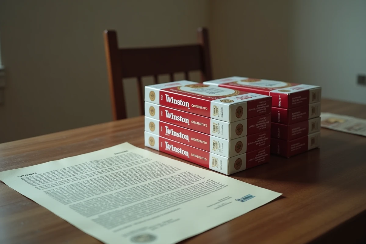 Cartouches de cigarettes Winston posées à côté d'un avis d'amende officiel sur une table en bois, illustrant les sanctions pour revente illégale