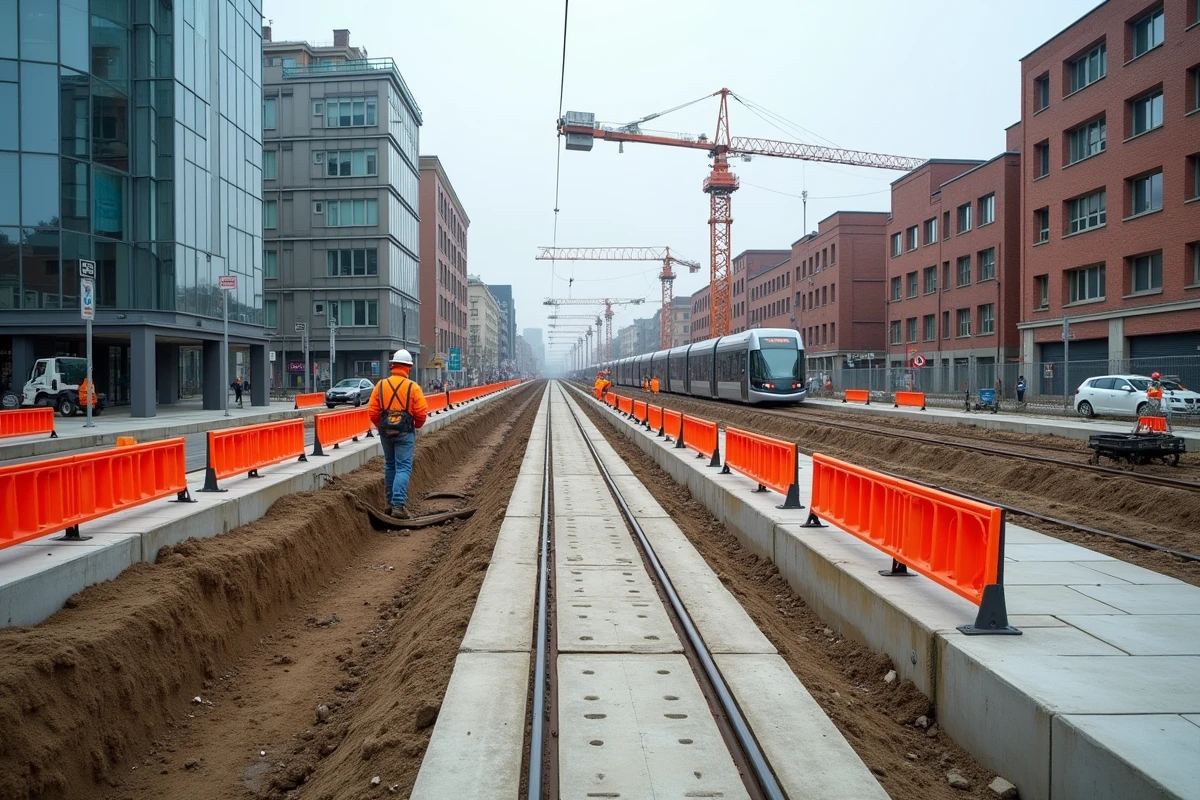 Chantier d'extension de ligne de tramway à Nantes avec des ouvriers posant des rails sur un boulevard urbain