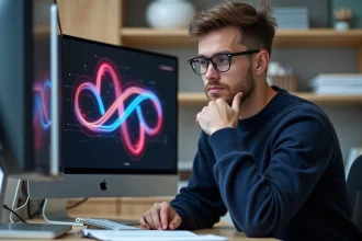 Jeune chercheur regardant un logo abstrait sur un écran