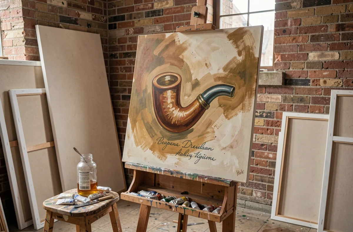 Chevalet avec une toile surréaliste représentant une pipe et une inscription calligraphiée, dans un atelier de peintre en désordre aux briques apparentes