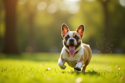 Bouledogue français jouant dans un parc ensoleille