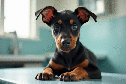 Chiot doberman en bonne santé sur une table vétérinaire