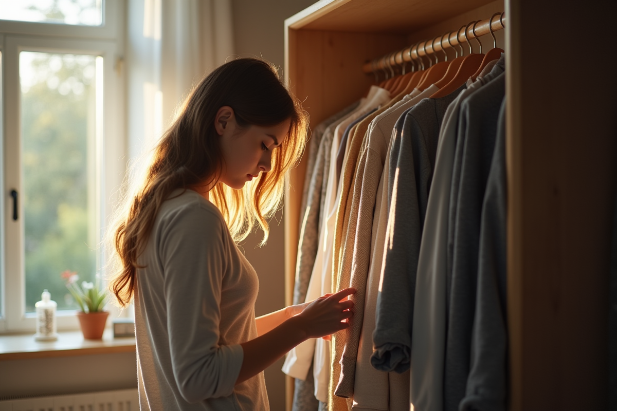 Jeune adulte choisissant une tenue dans un dressing moderne