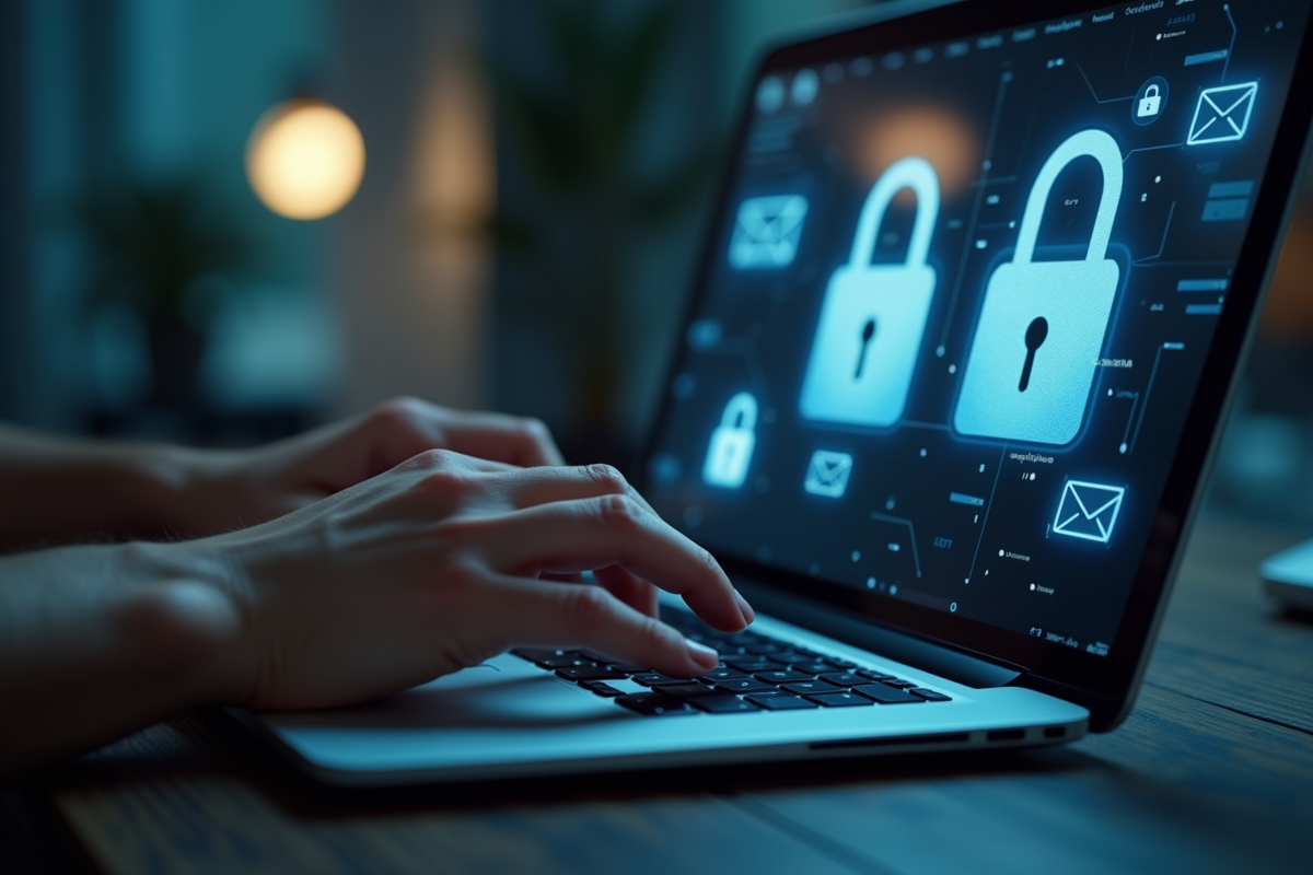 Mains tapant sur clavier avec interface email securisee