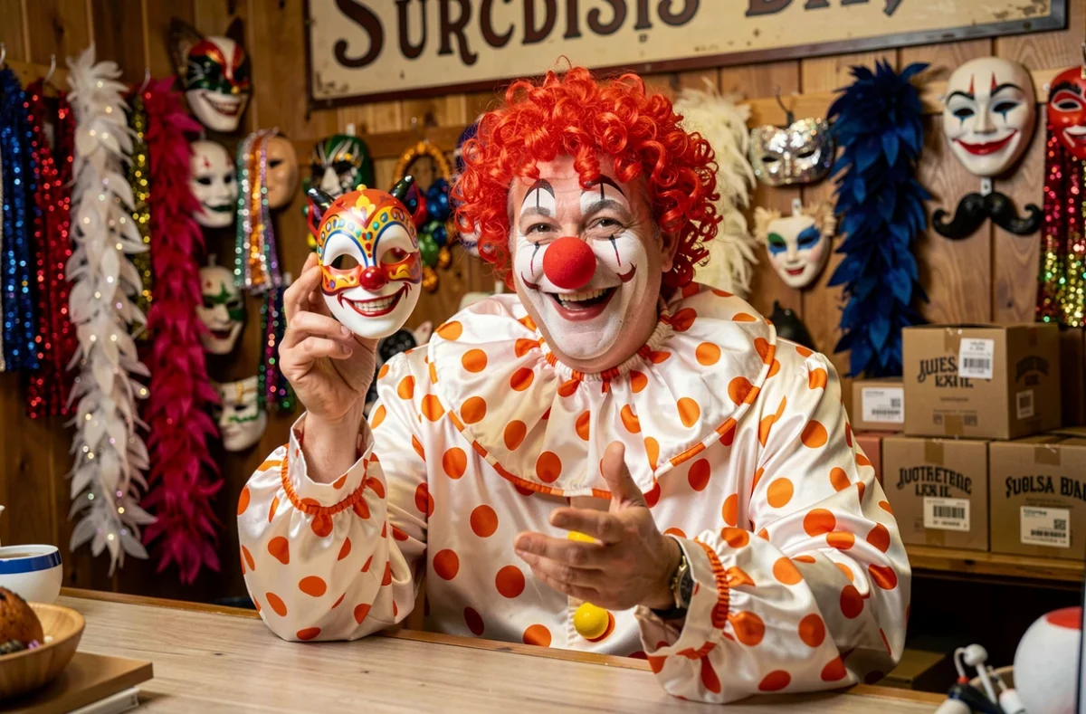 Homme déguisé en clown Auguste dans une boutique de costumes de carnaval remplie d'accessoires colorés