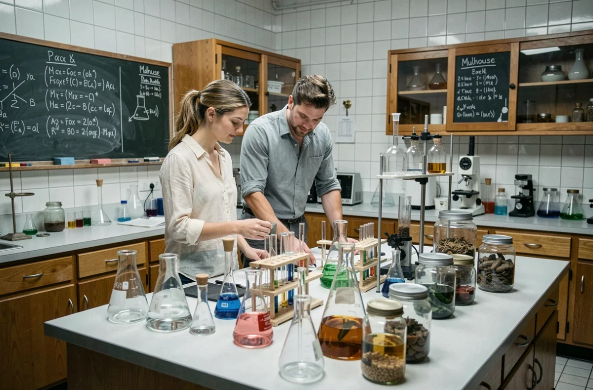 Participants inspectant un laboratoire scientifique vintage dans la salle d'escape game Club ELI à Mulhouse