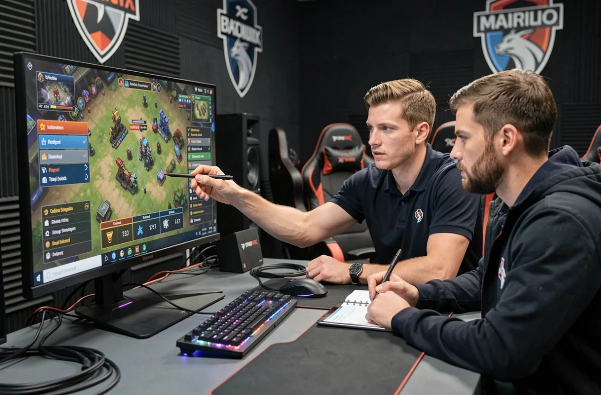 Deux joueurs de TFT en session de coaching analysant ensemble une composition reroll et les synergies d'unités