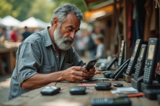 Collectionneur examinant un Nokia 3310 vintage sur un marché aux puces avec plusieurs anciens modèles Nokia posés sur une table en bois