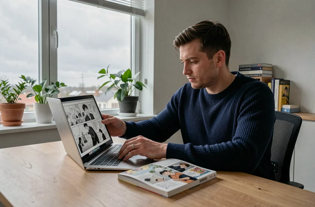 Homme comparant le scan VF du manga Les Carnets de l'Apothicaire sur écran d'ordinateur avec la version physique