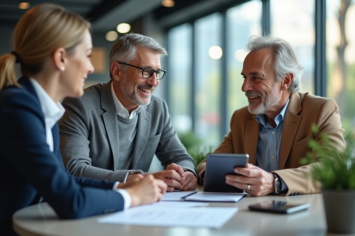 Banquier conseillant un couple dans une agence moderne