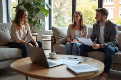 Conseiller financier expliquant les limites d'investissement à un jeune couple dans un salon lumineux