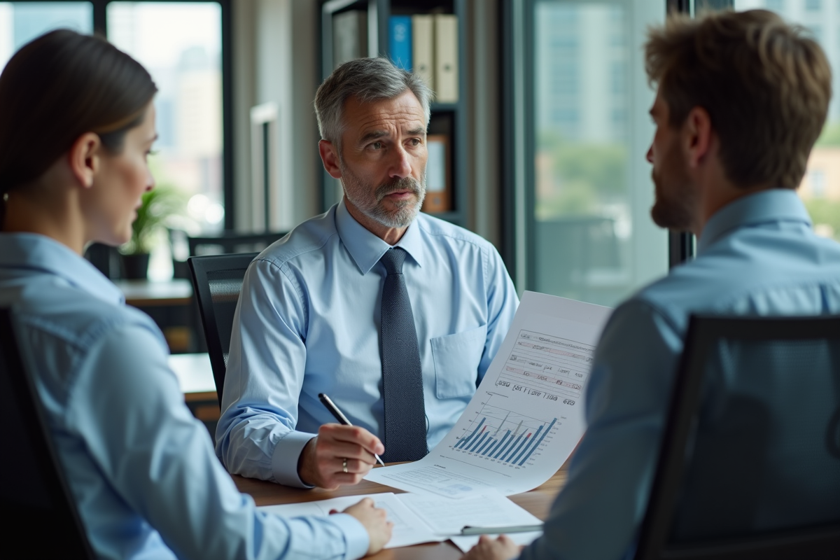 Conseiller en prêt immobilier montre des graphiques à un couple