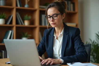 Femme consultant en ligne la chambre des notaires depuis son bureau à domicile