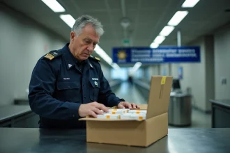 Agent des douanes au Luxembourg inspectant des cartouches de cigarettes Winston dans un carton lors d'un contrôle douanier