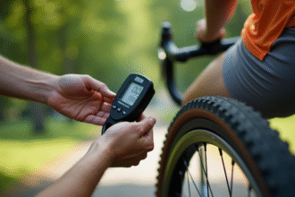 Vérification de la pression d'un pneu de vélo en extérieur