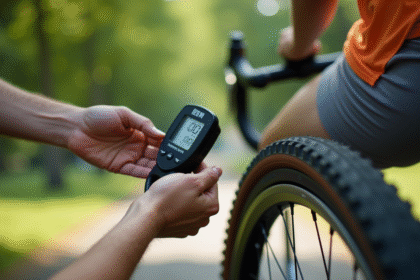 Vérification de la pression d'un pneu de vélo en extérieur