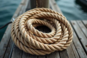 Cordages nautiques en chanvre tressé enroulés sur un quai en bois vieilli dans une marina