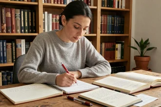 Femme corrigeant des phrases manuscrites dans un cahier ouvert sur un bureau en bois, entouré de livres de grammaire française