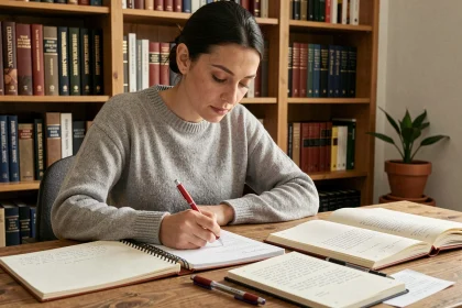 Femme corrigeant des phrases manuscrites dans un cahier ouvert sur un bureau en bois, entouré de livres de grammaire française