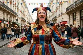 Femme déguisée en arlequin coloré avec chapeau à grelots pendant un carnaval dans une rue pavée parisienne