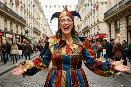 Femme déguisée en arlequin coloré avec chapeau à grelots pendant un carnaval dans une rue pavée parisienne