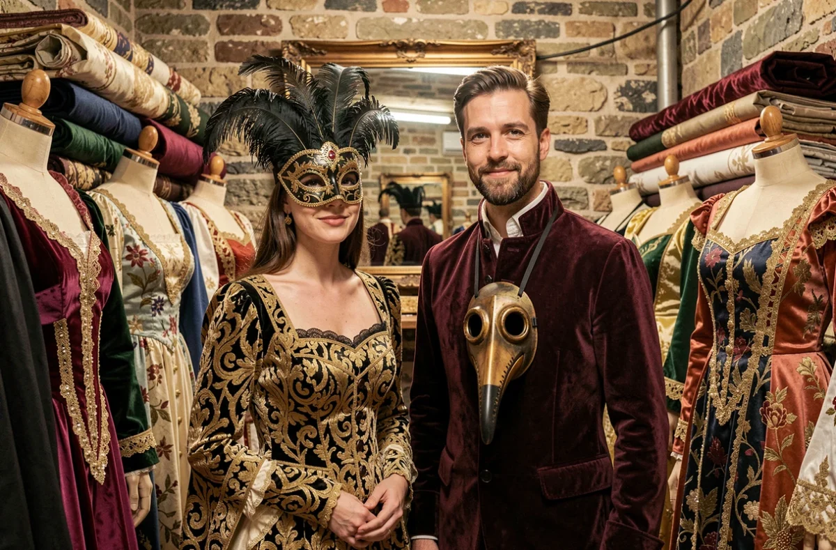 Deux amis en costumes vénitiens élaborés dans un atelier de confection de déguisements de carnaval